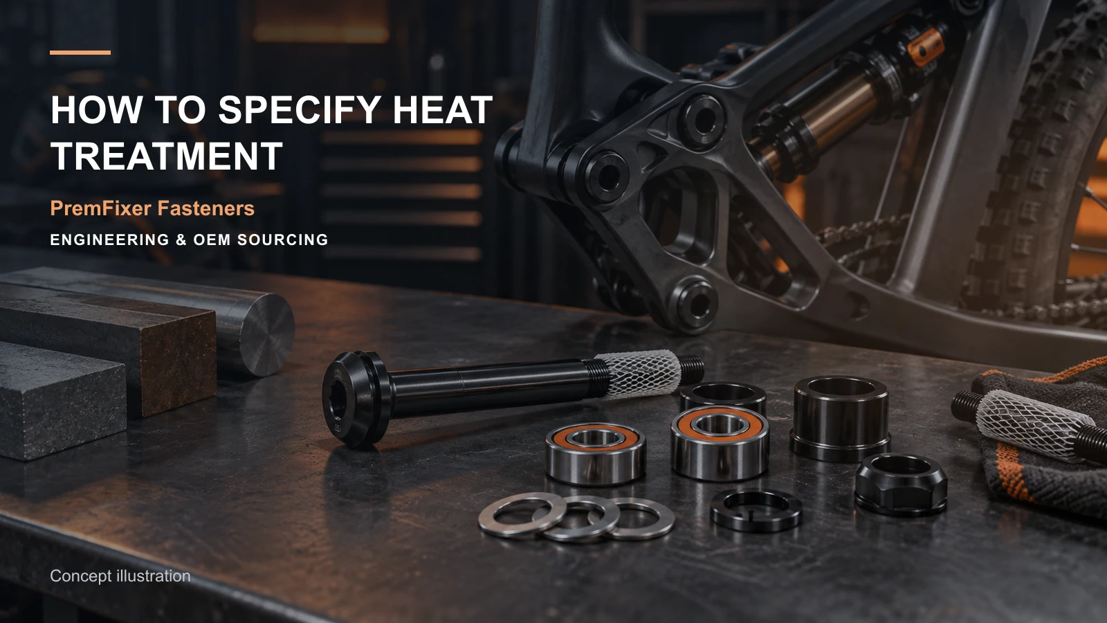 Editorial concept for heat-treatment callouts for custom pivots with cards for heat-treatment requirement map, alloy substitution comparison, material selection record.