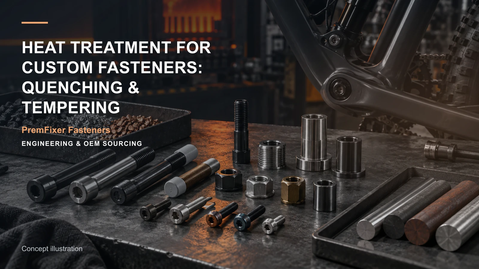 Editorial concept for heat treatment of custom fasteners with cards for heat-treatment requirement map, material selection record, alloy substitution comparison.