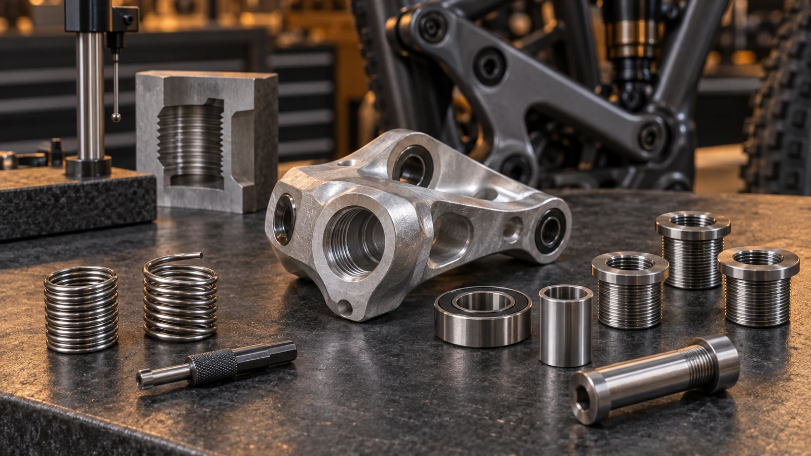 Concept comparison of loose coil inserts and flanged solid threaded bushings beside a detached generic pivot receiver, bearing, shoulder bolt and inactive depth tool; no completed repair shown.