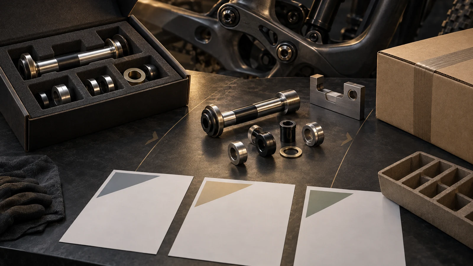 Concept packaged pivot kit, loose matching parts, inspection gauge and shipping materials illustrating procurement-scope boundaries without actual charges or inspection results.