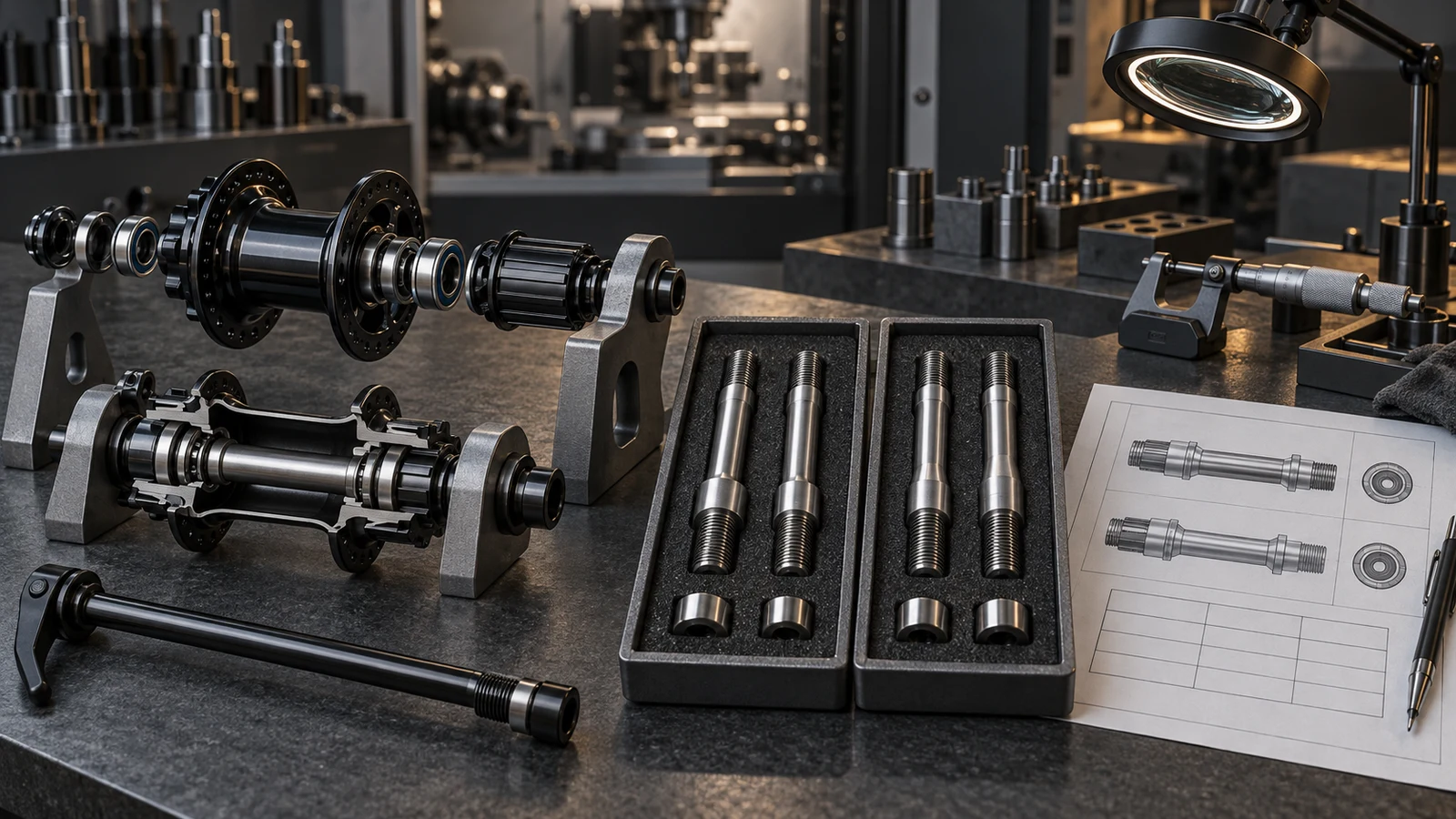 Concept exploded and cutaway bicycle hubs with axle specimen trays, micrometer and comparison sheet; no completed fatigue comparison is represented.