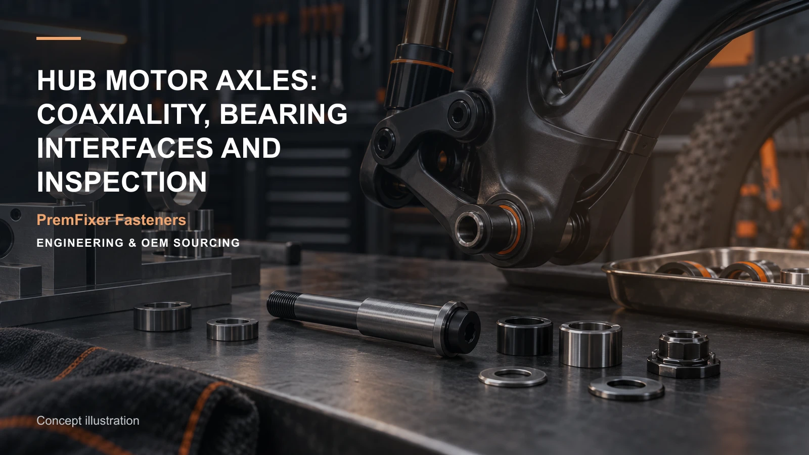 Concept illustration for Hub Motor Axles: Coaxiality, Bearing Interfaces and Inspection.