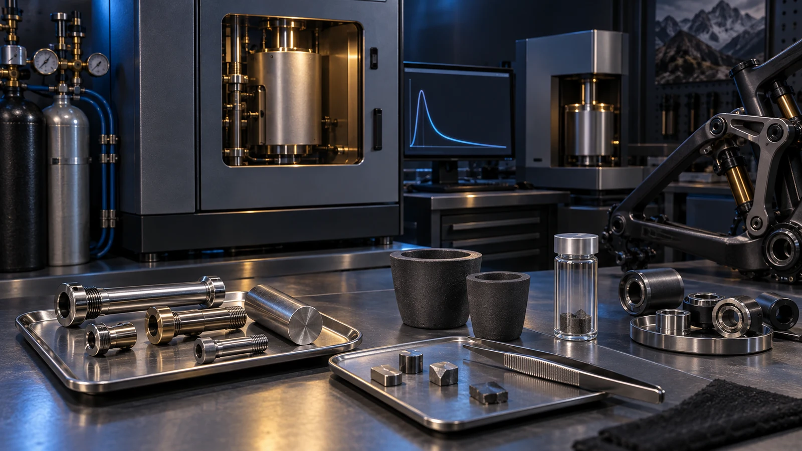 Concept illustration of pivot bolts, prepared specimens, graphite crucibles and closed hydrogen-analysis instruments, not actual factory tests or equipment