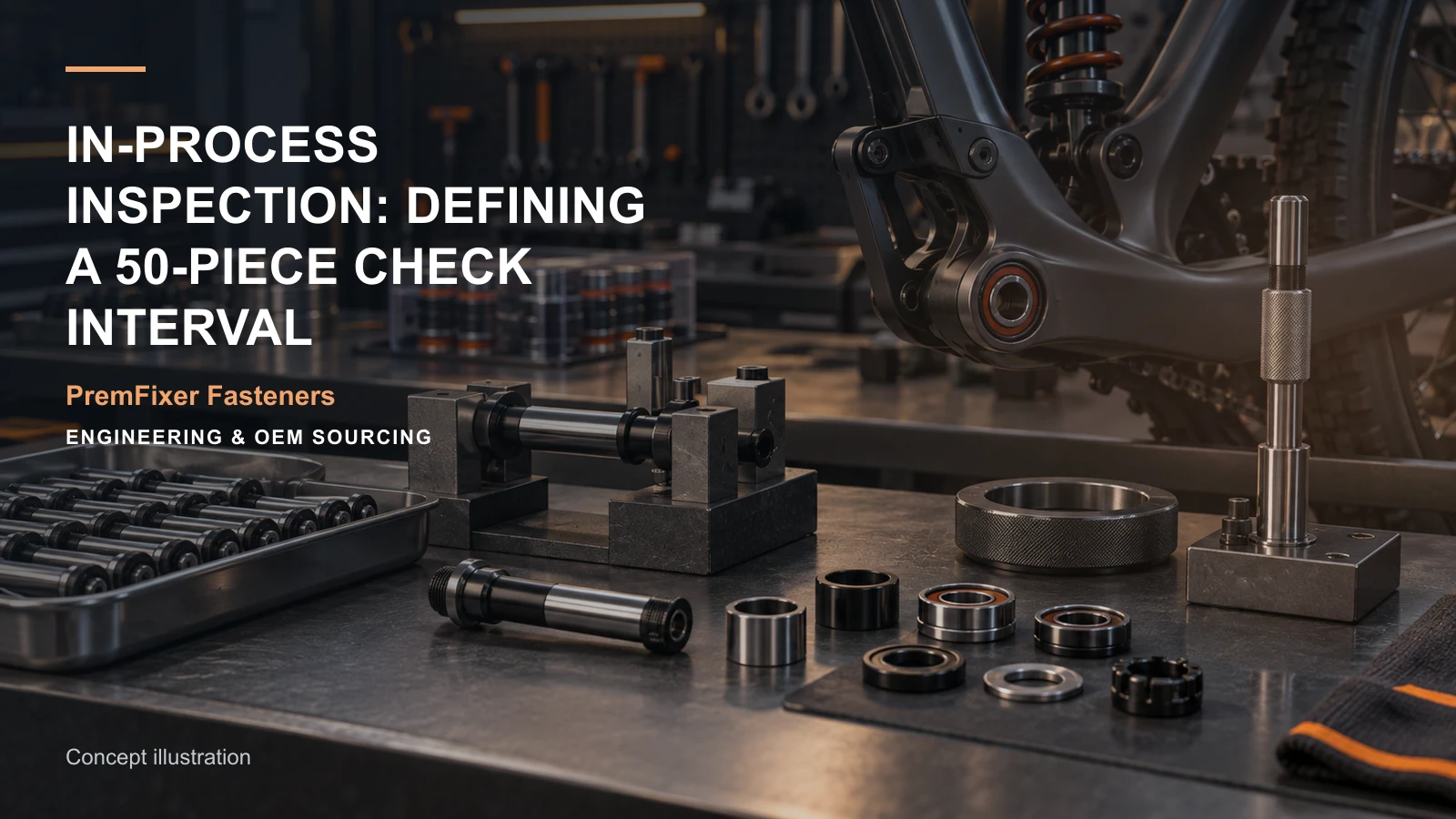 Editorial concept for in-process checks every fifty pieces with cards for in-process check schedule, tool-action record, feature-to-inspection map.