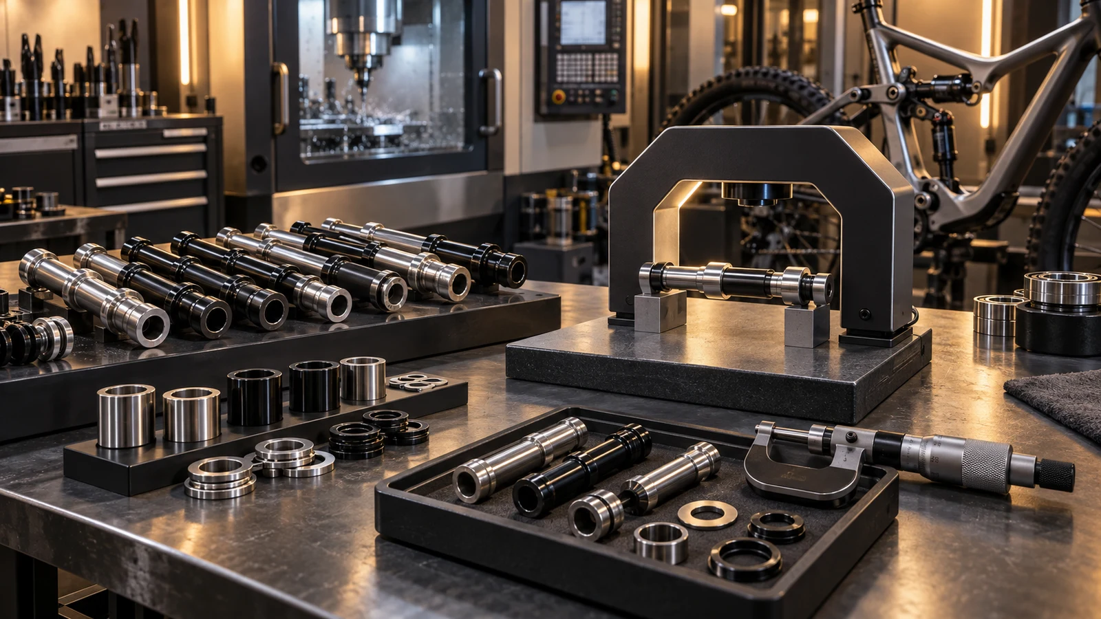 Concept optical measurement station with pivot axle references, separate inspection tools and sleeve samples, not a calibrated production setup