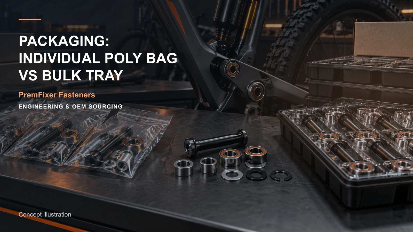 Editorial concept for individual bags versus bulk trays with cards for packaging selection table, kit compatibility statement, lot genealogy map.