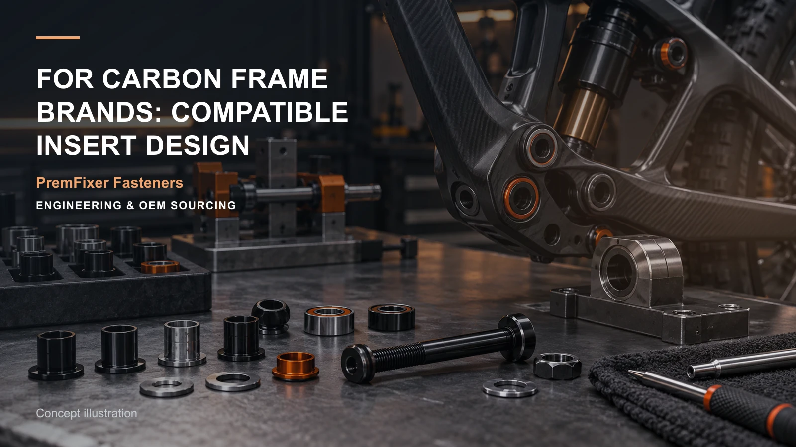 Editorial concept for inserts and pivot hardware for carbon frames with cards for insert-substrate compatibility map, insert installation selection, clamp-and-adjustment distinction.