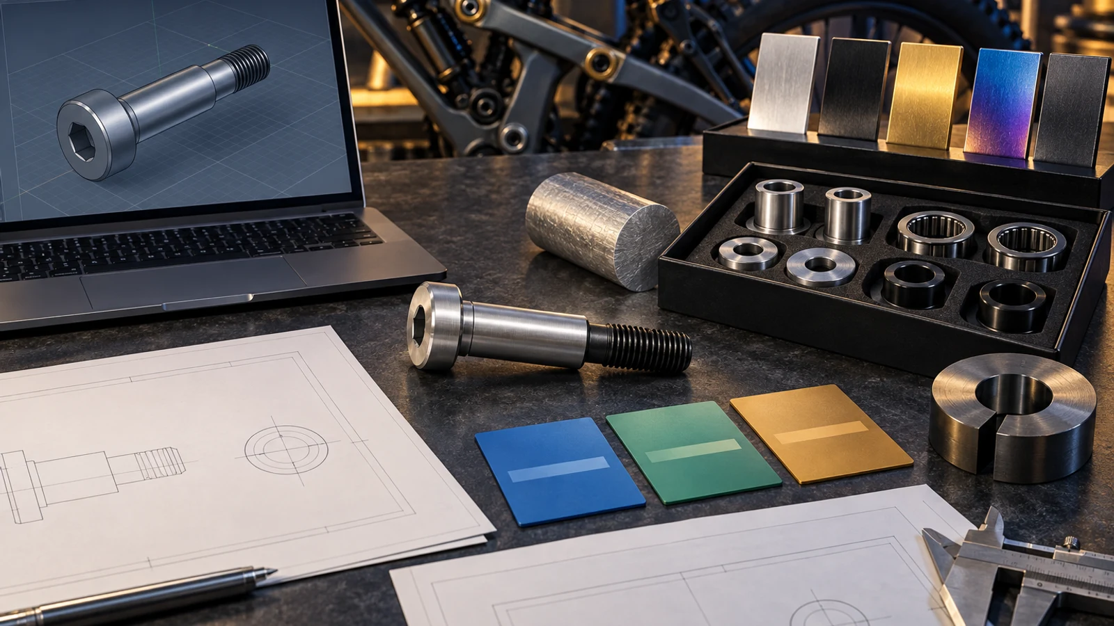 Concept illustration of a modeled pivot bolt, raw stock, finished kit and separately staged process requirements, without real pricing data.