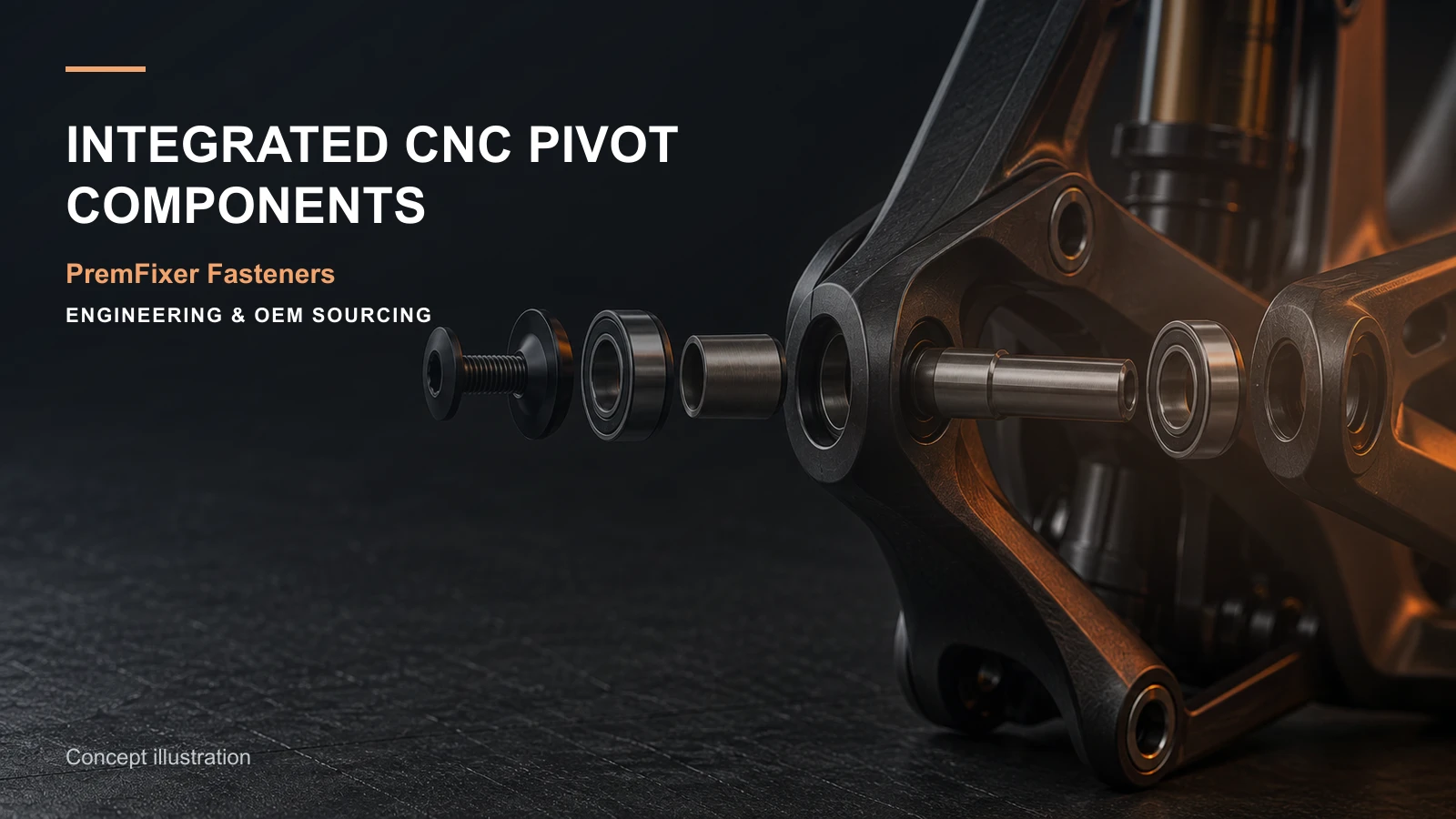 Exploded full-suspension bicycle pivot assembly with coordinated CNC axle, spacer, cap and bearing interfaces.