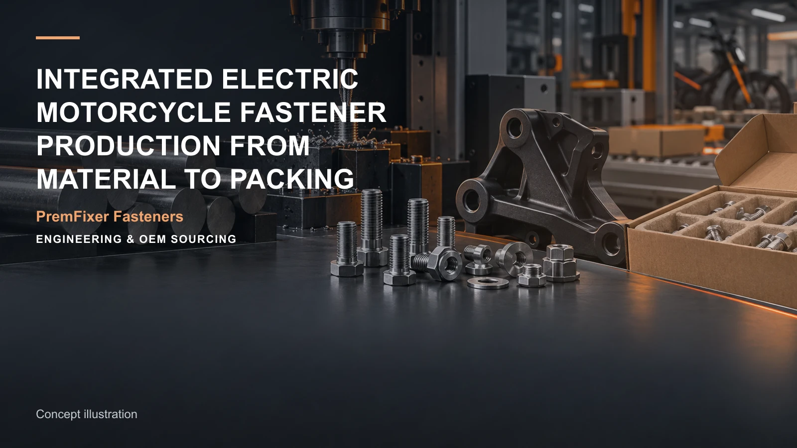 Concept illustration for Integrated Electric Motorcycle Fastener Production from Material to Packing.