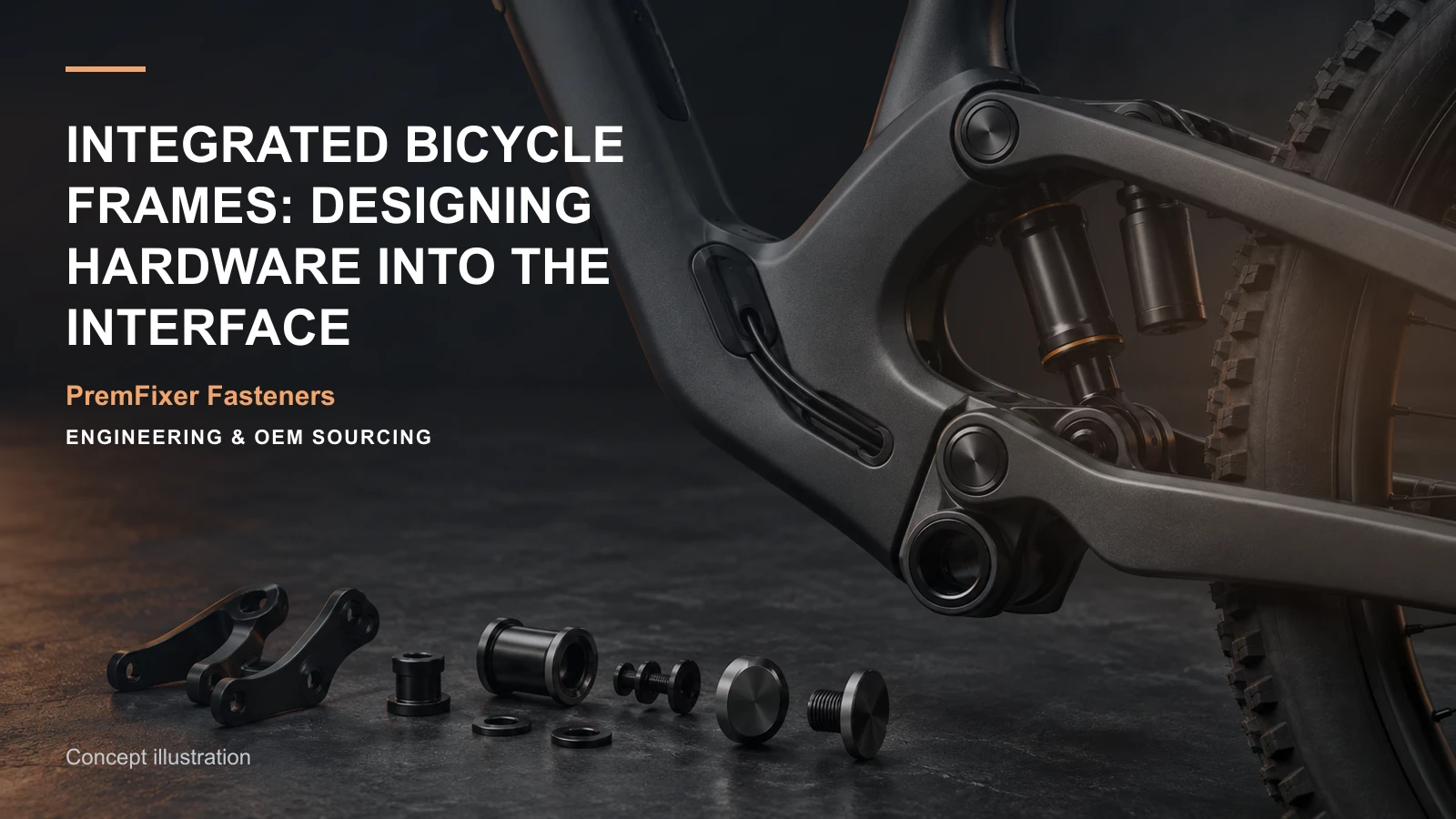 Conceptual engineering workspace introducing integrated frame hardware for bicycle and electric-mobility OEM teams.