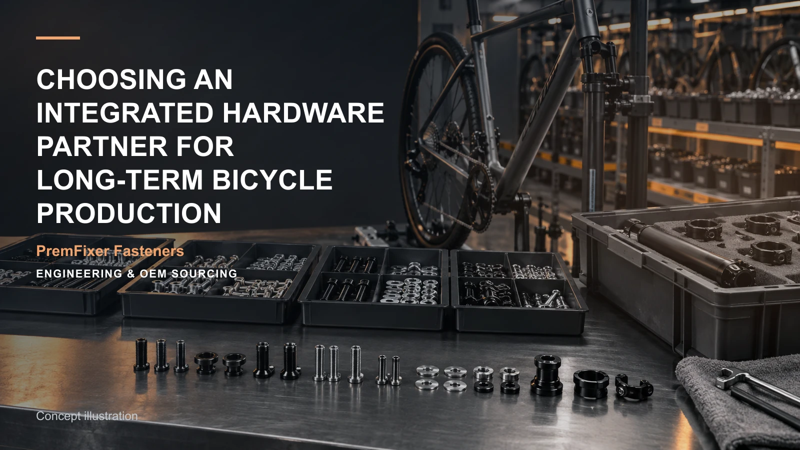 Concept illustration connecting approved hardware set, recurring supply and model roadmap in a bicycle hardware project.