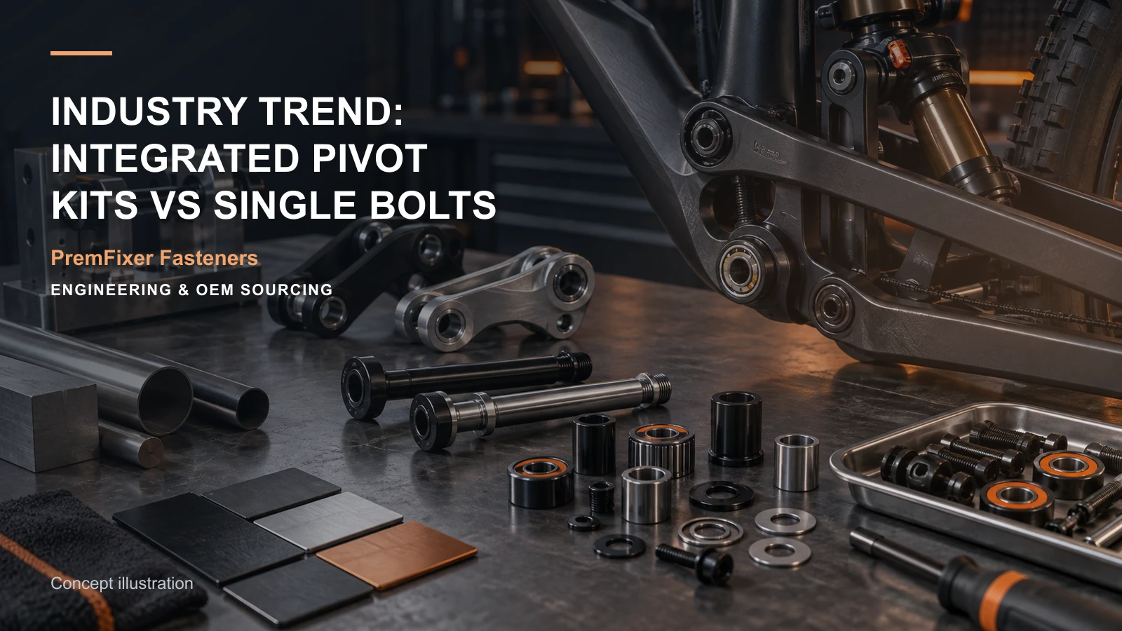 Editorial concept for integrated pivot-kit sourcing trend with cards for trend-to-procurement map, kit compatibility statement, item-level kit bom.