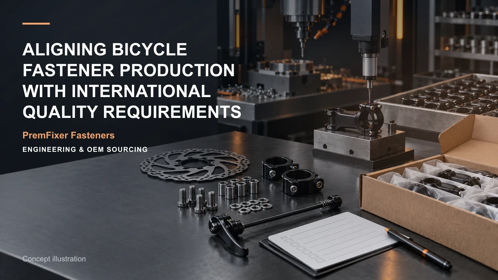 Concept illustration connecting quality requirement, process instruction and inspection stage in a bicycle hardware project.