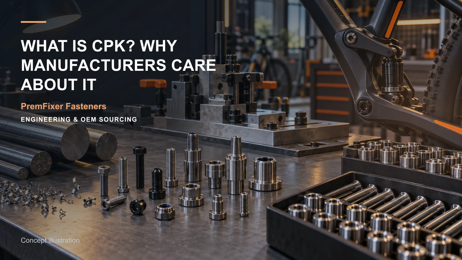 Editorial concept for interpreting Cpk in custom manufacturing with cards for spc interpretation guide, tolerance interval explanation, inspection-method matrix.