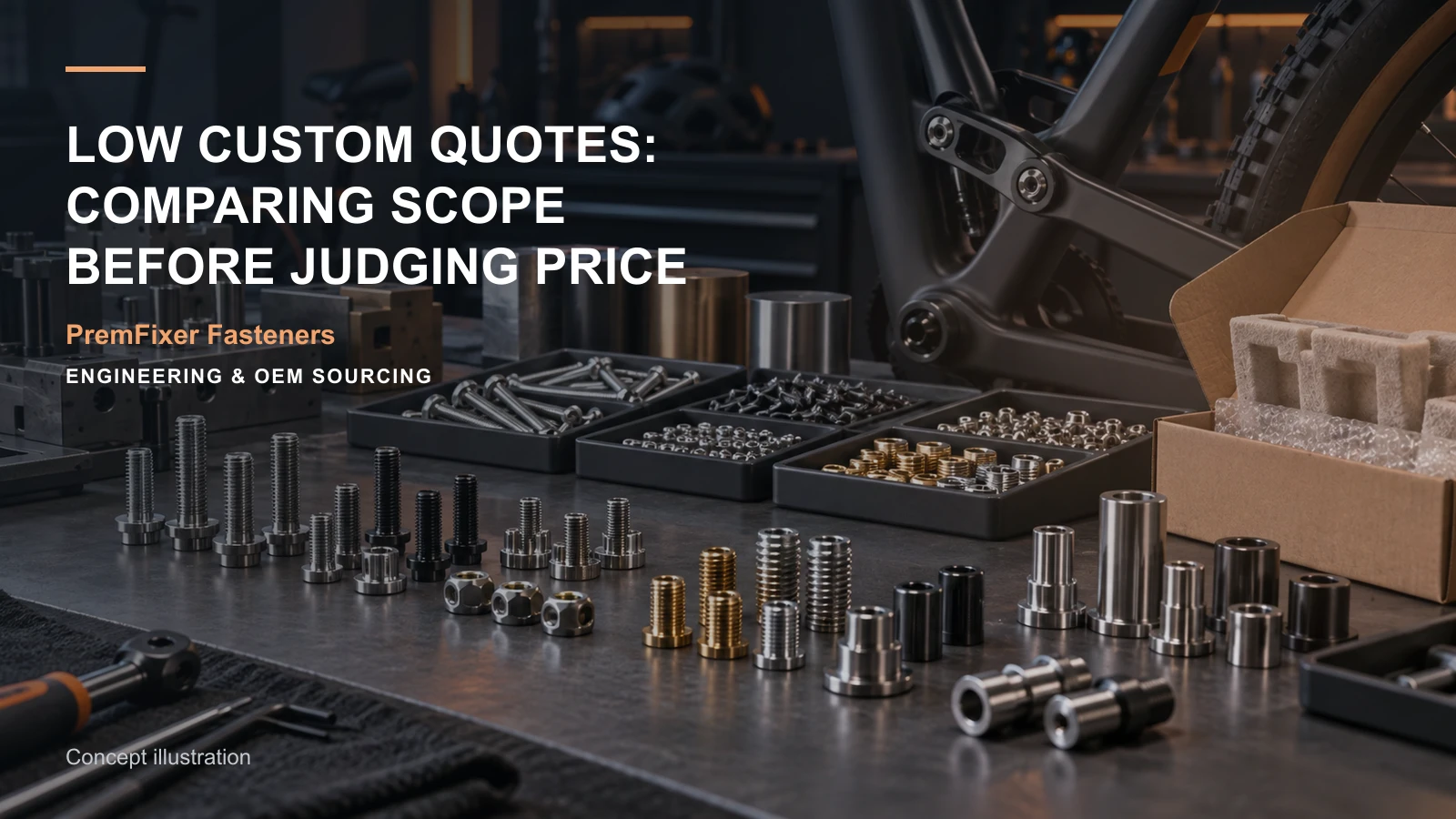 Editorial concept for interpreting unusually low custom quotes with cards for quote comparison table, material selection record, feature-to-inspection map.