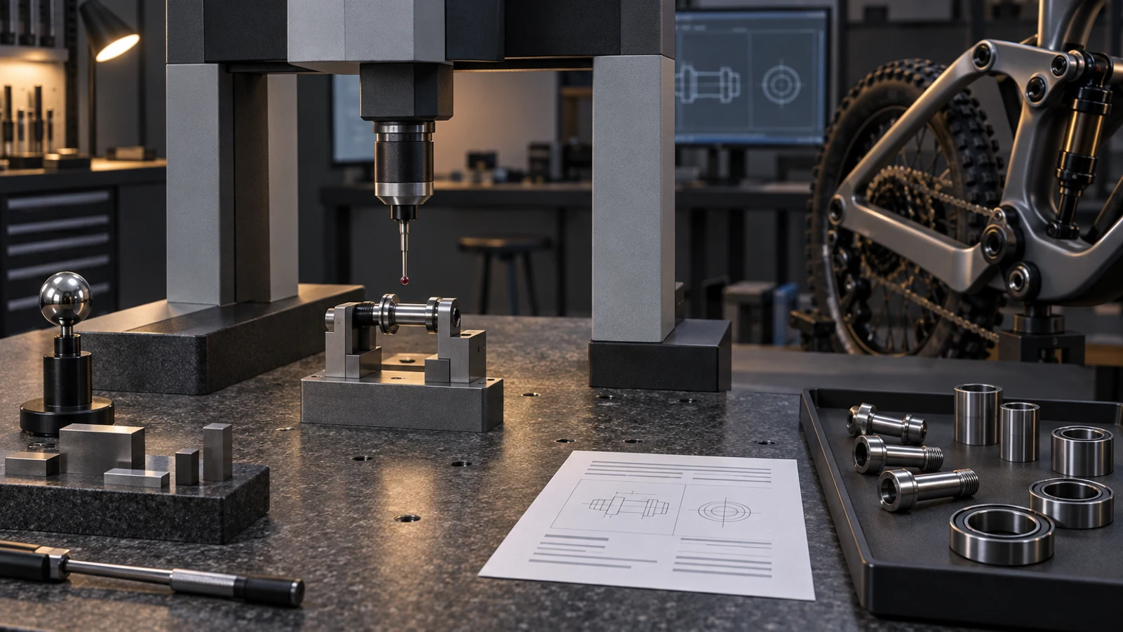 Concept CMM probe, reference artifacts and custom pivot hardware on a granite-style inspection table, not an identified PremFixer machine or actual verified measurement.