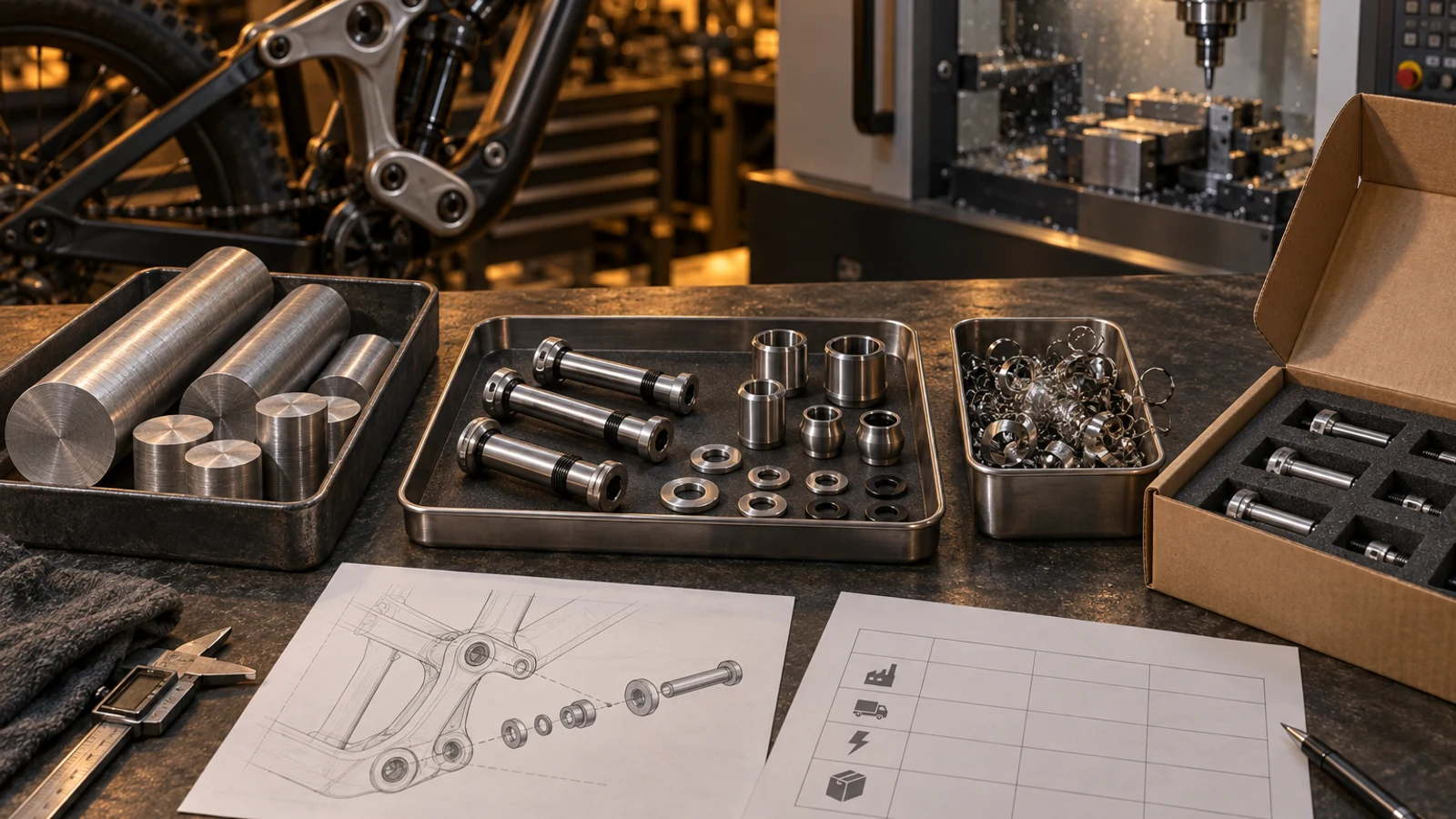 Concept raw stock, finished pivot kit, separate machining chips and blank route and data sheets; not measured emissions, a real factory study or a verified product footprint.