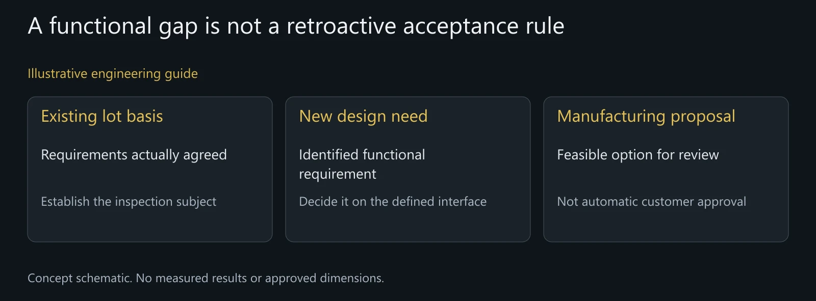 Illustrative separation of existing acceptance and a proposed design requirement, not a dispute finding or approved fit.