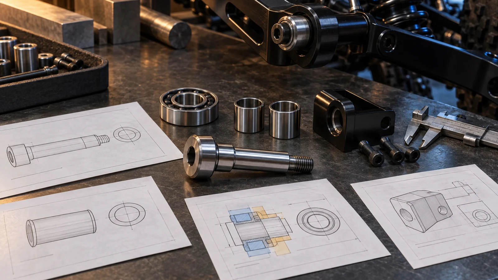 Concept custom pivot axle and bearing sleeves beside an unnumbered drawing with highlighted feature regions, not released dimensions or a real inspection report.