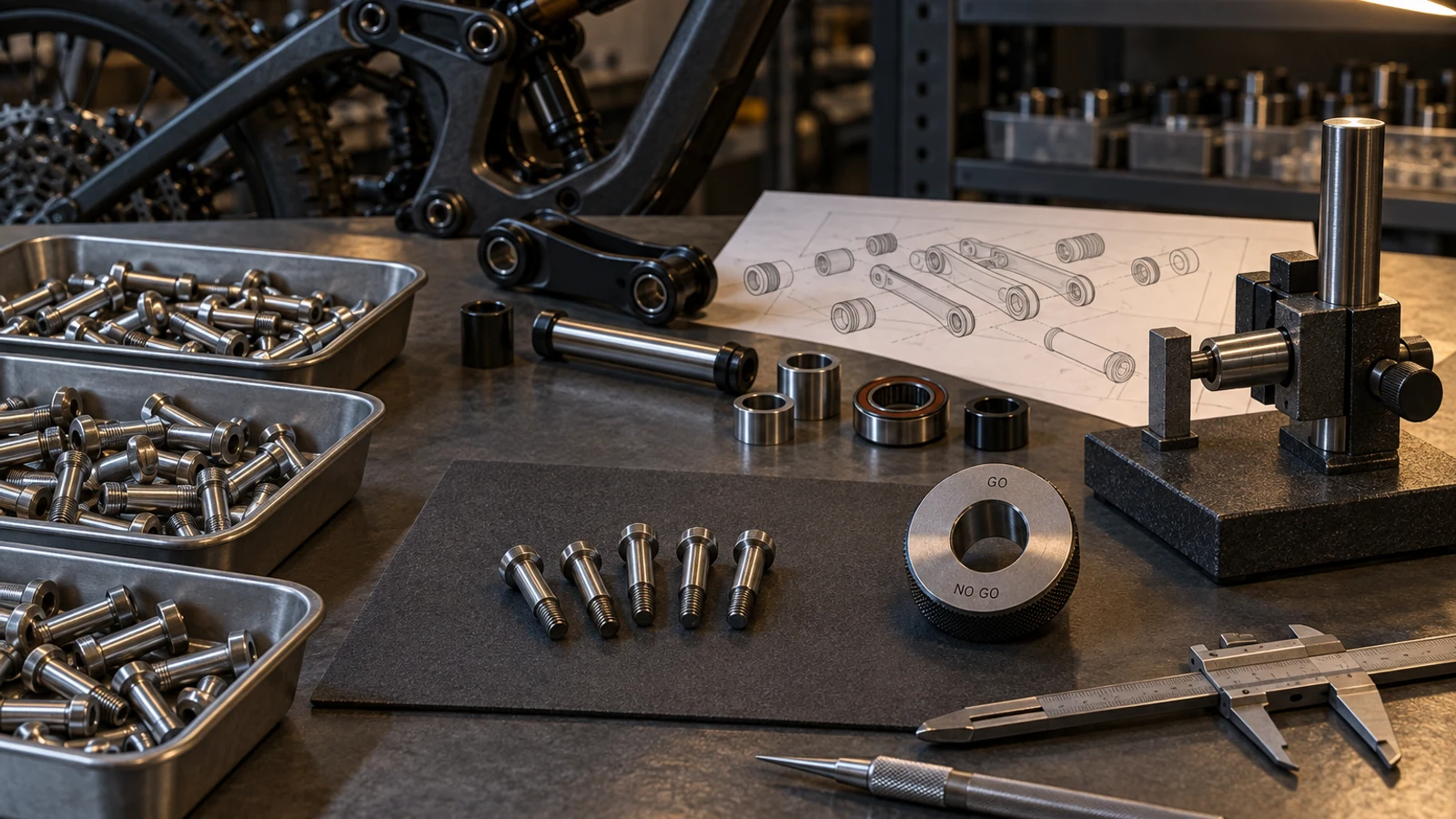 Concept selected pivot fasteners and inspection tools beside separated component trays; not an actual ISO sampling inspection, passed lot or measured result.