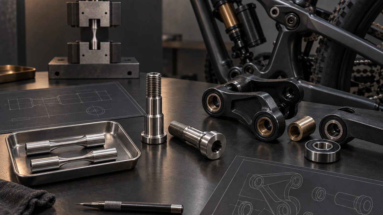Concept fatigue-scope review with metal coupons, threaded shoulder pivots, separate receiver and suspension linkage beside an illustrative axial fixture; no measured fatigue result or verified laboratory equipment shown.