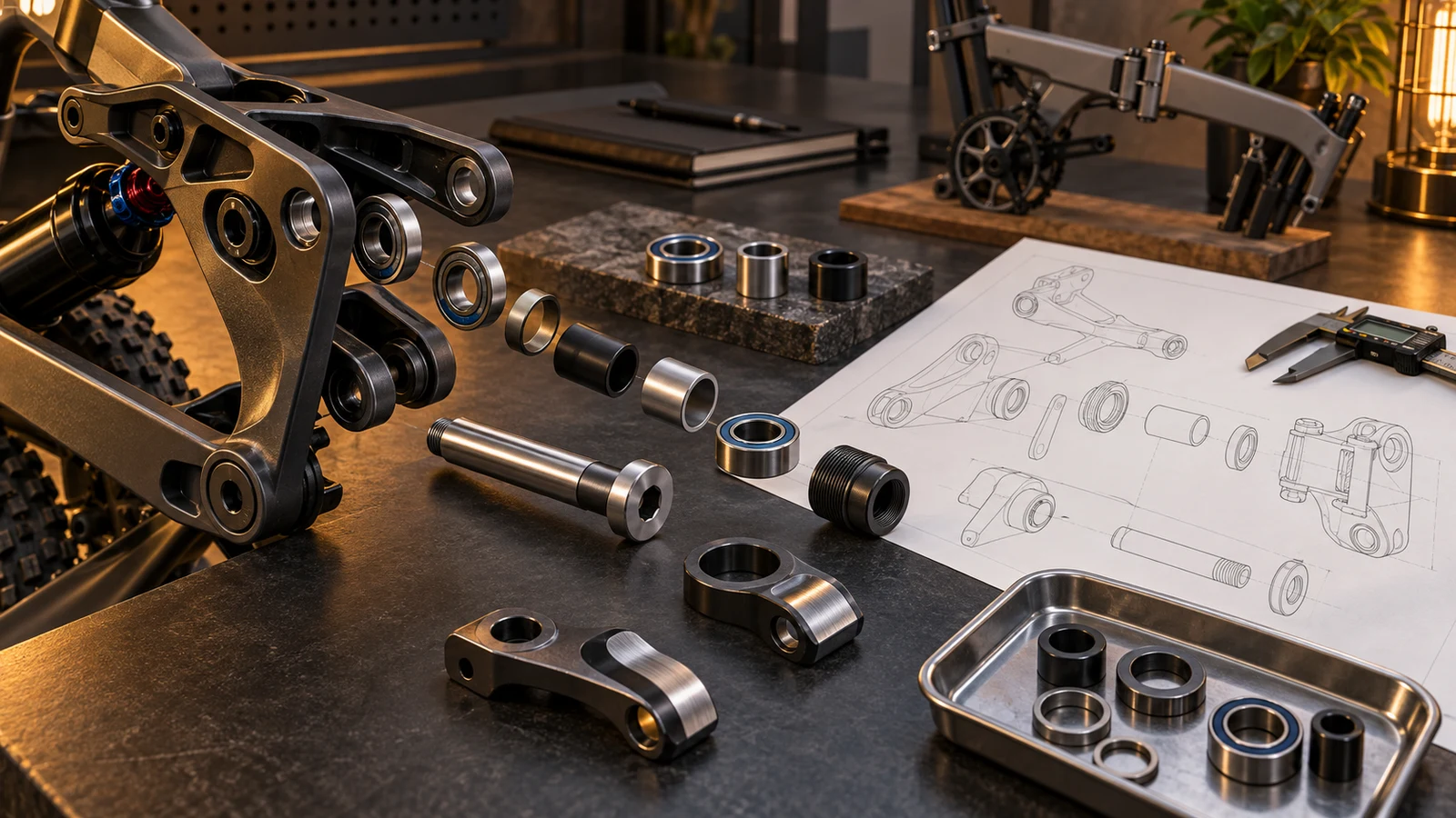 Concept separated pivot bolt, receiver, bearing and spacer functions beside a neutral geometric drawing, not a standards test or approved suspension geometry.