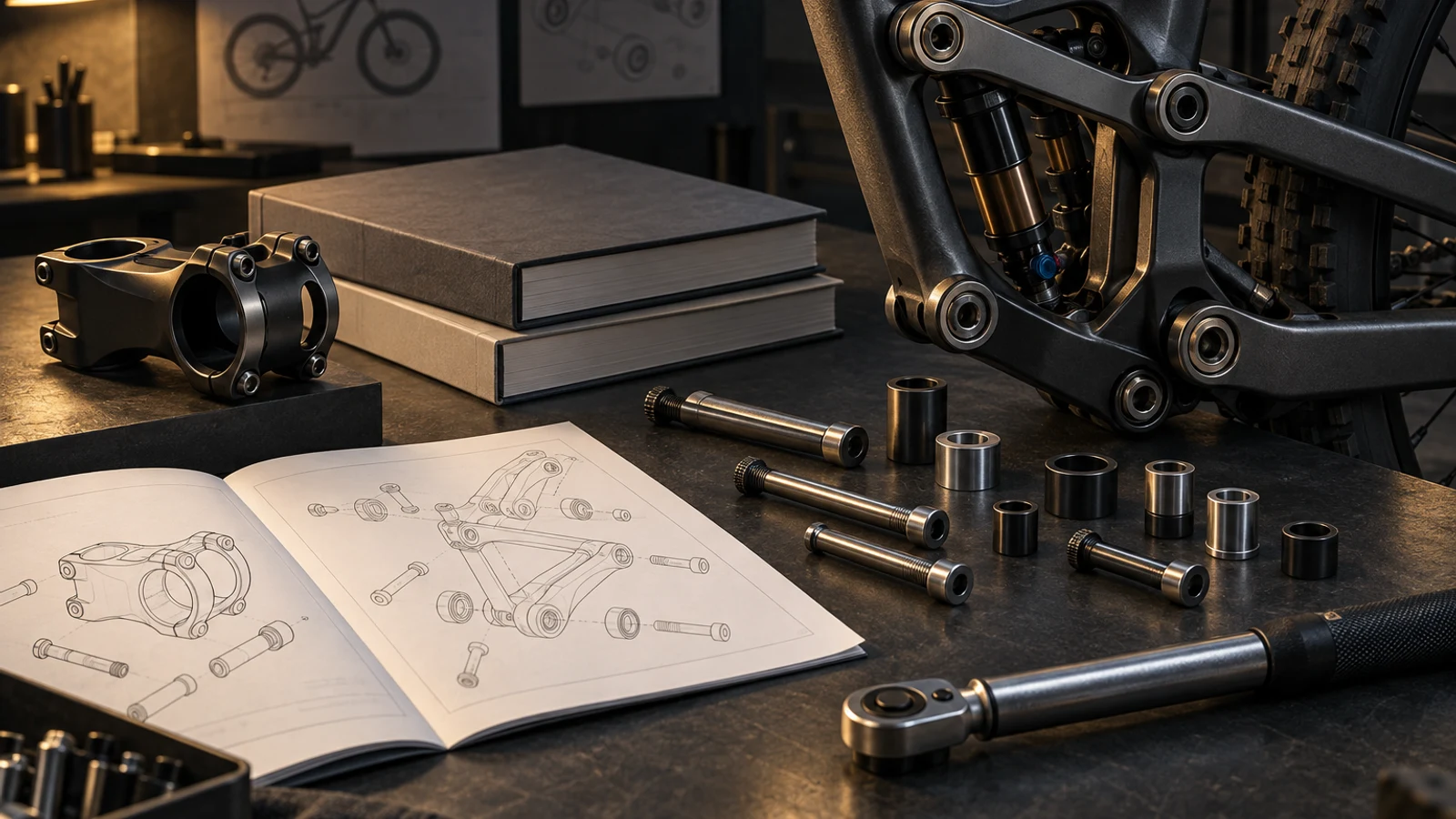 Concept standards-review scene with separate suspension pivot and handlebar assemblies, loose fasteners, abstract drawings and an idle torque wrench; no failure measurement or compliance result shown.