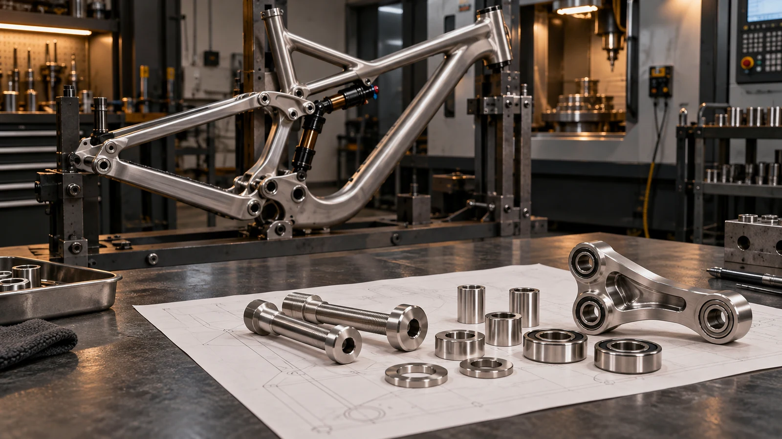 Concept illustration linking a full-suspension frame fixture with separate pivot bolts, bearings, sleeves and neutral geometric drawings