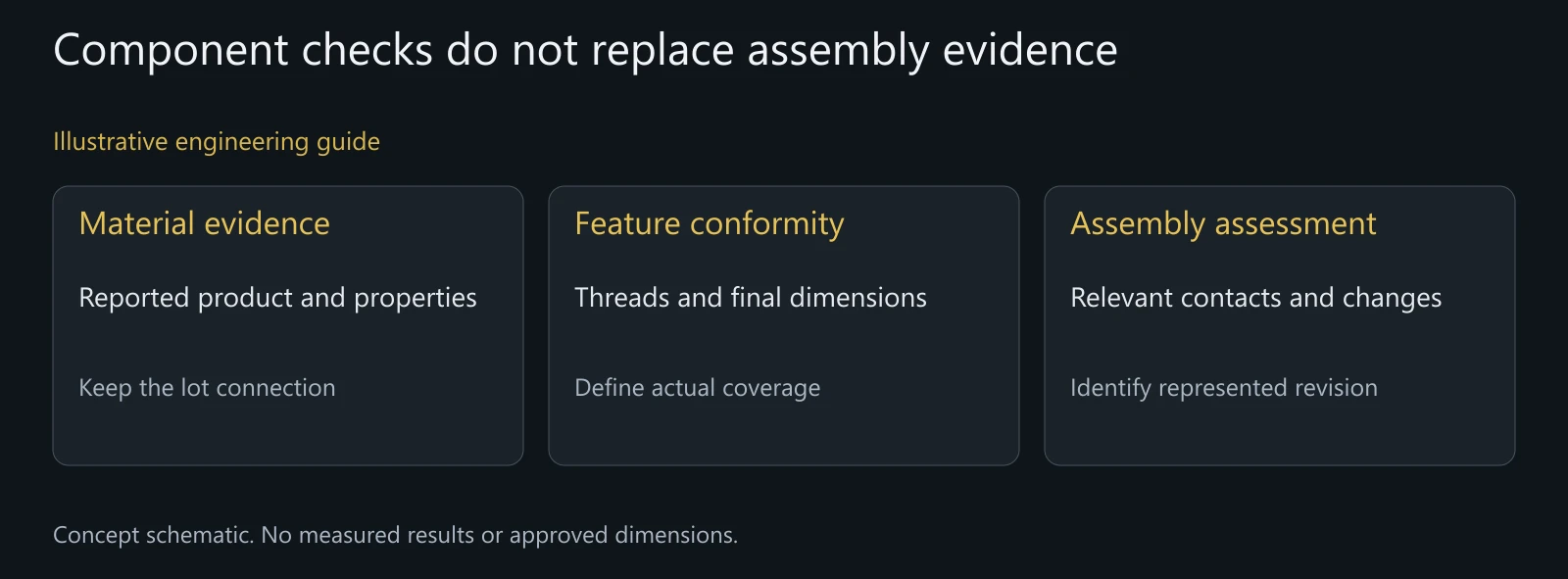 Illustrative separation of material, manufactured-feature and assembly-level decisions.