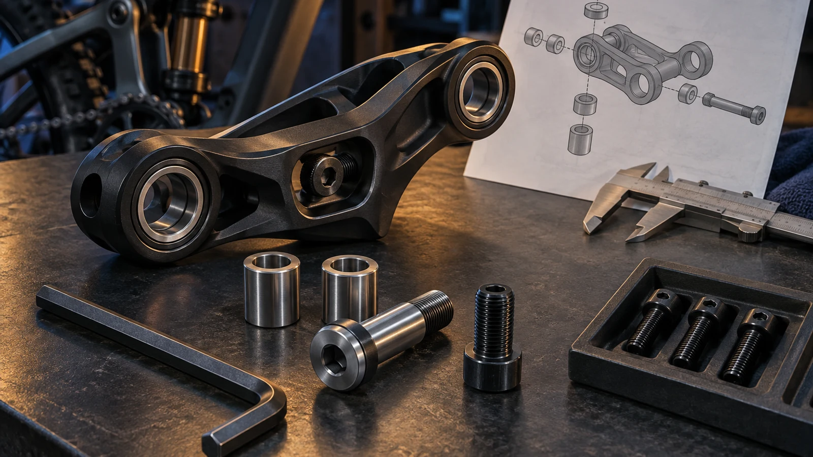 Concept socket-head screws, separate support sleeves and a recessed pivot interface with an access tool, not an approved ISO assembly or universal bicycle fit.