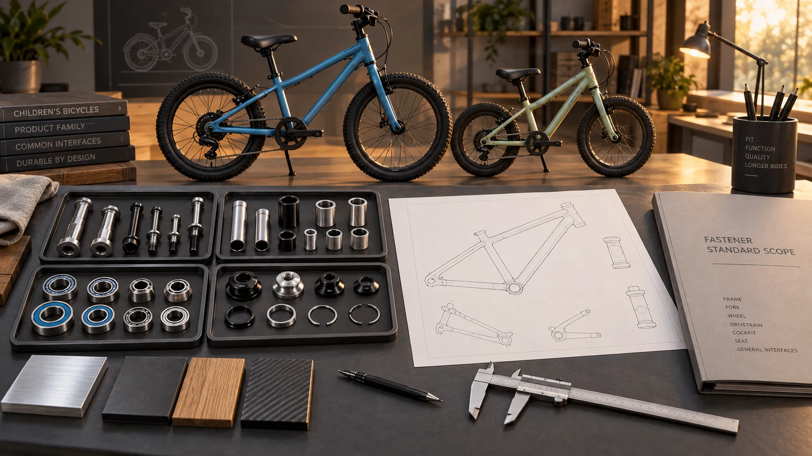 Concept review of small pedal bicycle configurations and separated custom hardware, not a certified children's bicycle, actual test or stock catalog.