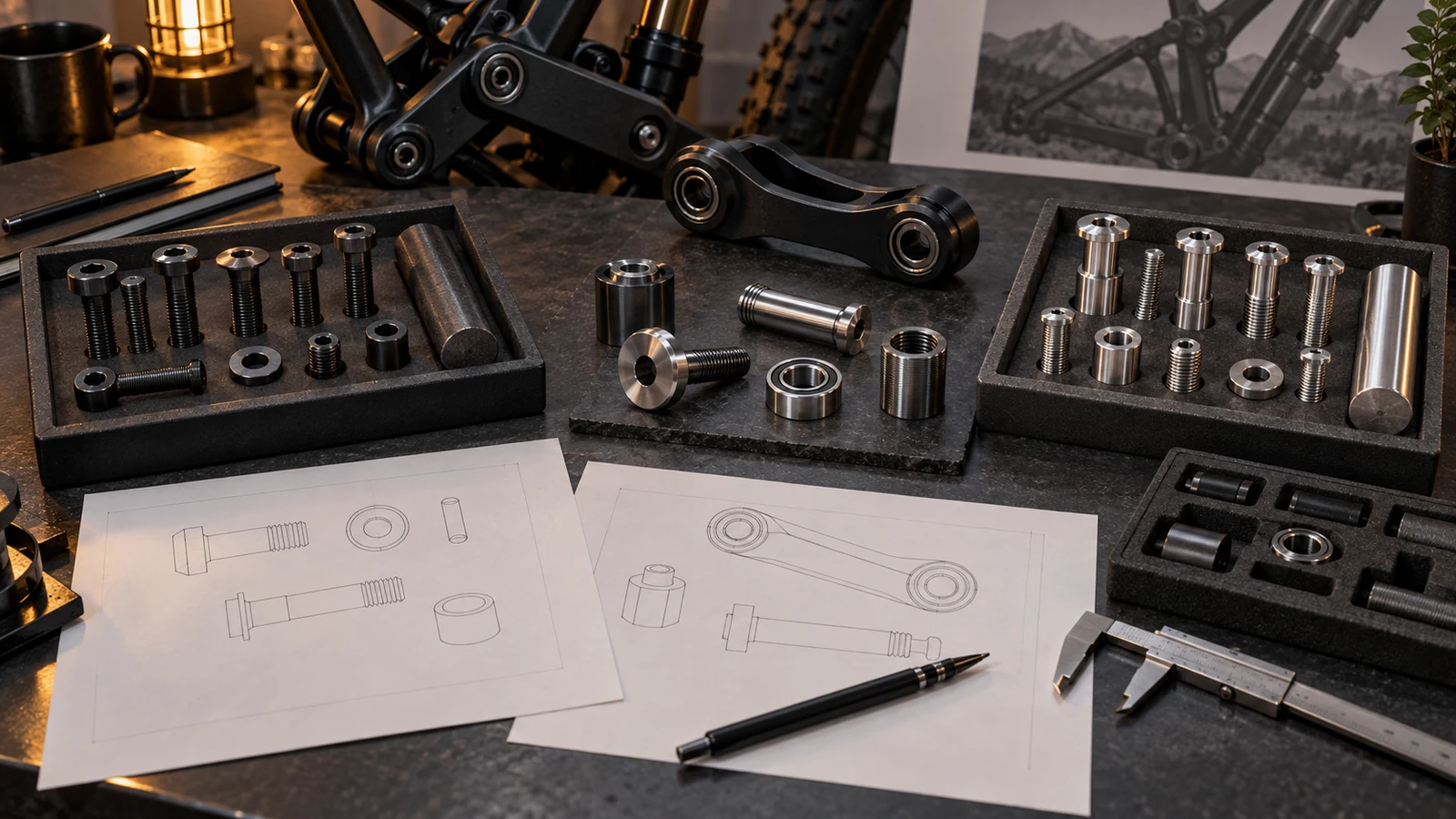 Concept separated steel-colored and stainless-colored pivot samples with a custom head and mating parts, not tested classes or an approved material substitution.