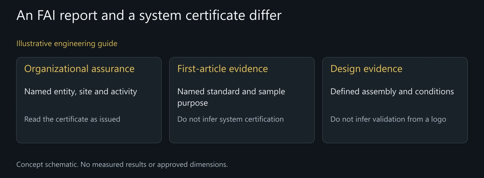 Illustrative assurance-subject map without an actual FAI, system audit, approved pivot design or testing result.