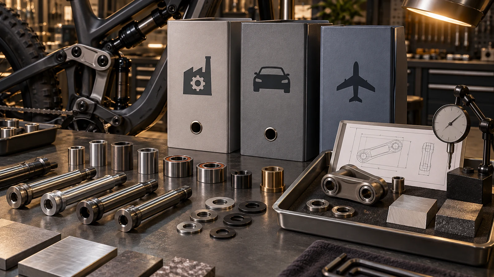 Concept bicycle linkage and pivot bolt, spacer and washer samples beside factory, car and aircraft binder icons, a drawing and an illustrative gauge; not actual certification, measurement or approved product evidence.