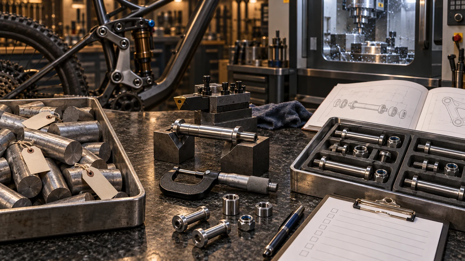 Concept workshop scene with incoming bar stock, machined pivot axles and separated finished hardware illustrating distinct quality evidence, not a factory photograph or certificate.