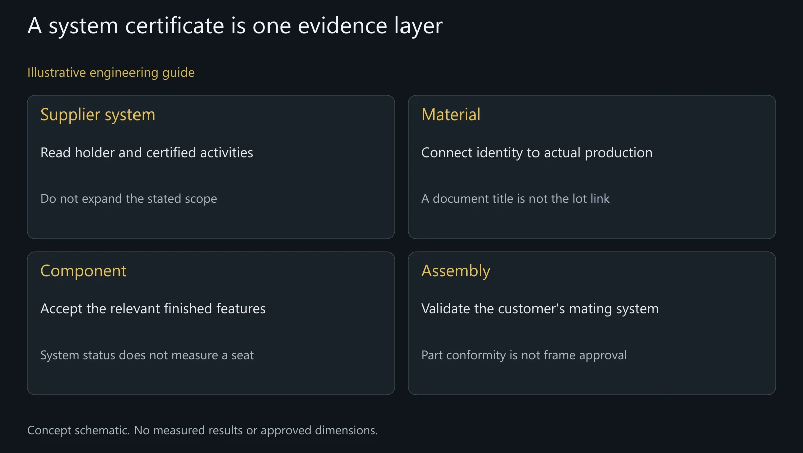 Concept evidence layers for supplier and pivot-order assessment, not an ISO certificate, audit result or product approval.