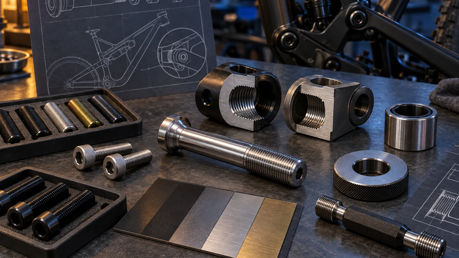 Concept external pivot threads, separate threaded receivers and gauge-like tools beside a finish sample, not measured tolerance classes or a passed inspection.