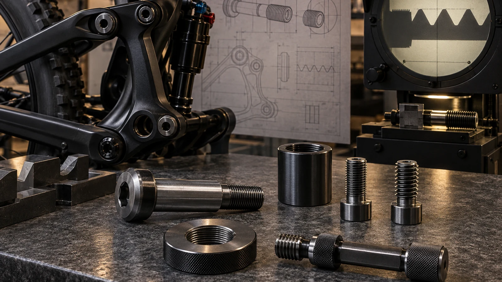 Concept arrangement of pivot bolts, threaded sleeves, thread gauges and suspension linkage for a metric-thread specification review; no measured dimensions or approved interchangeability shown.