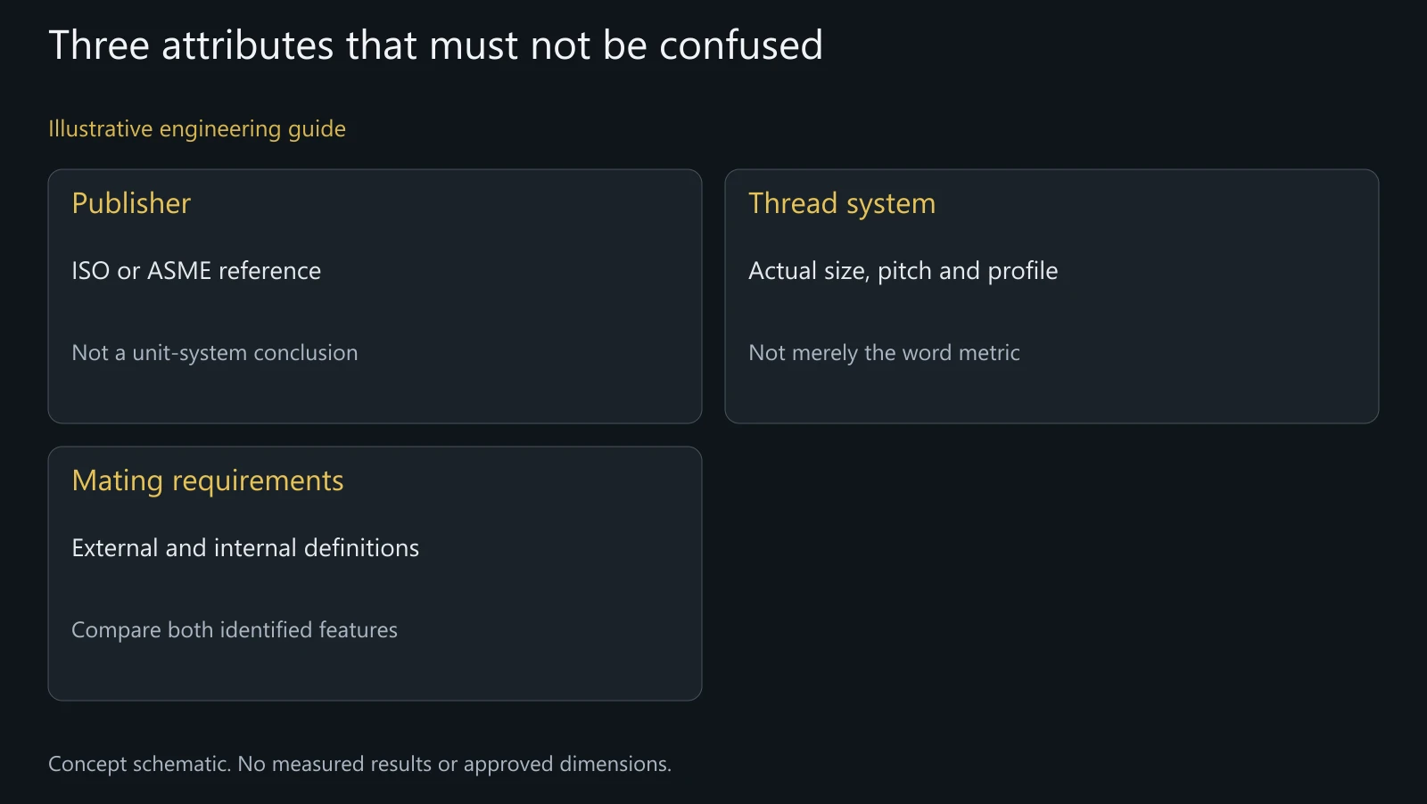 Concept separation of standards publisher, thread system and mating requirements; no tabulated limits or interchangeability result depicted.