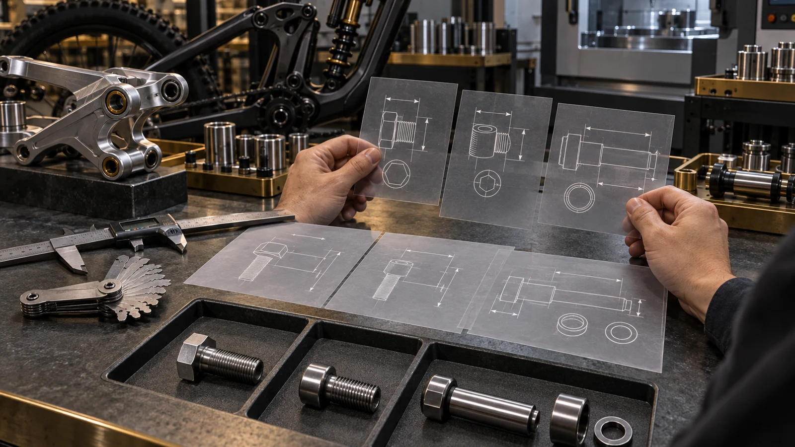 Concept engineering review of external hex bolts, socket screws and a custom shoulder pivot with neutral drawings and bicycle linkage, not certified JIS products or factory inspection evidence.