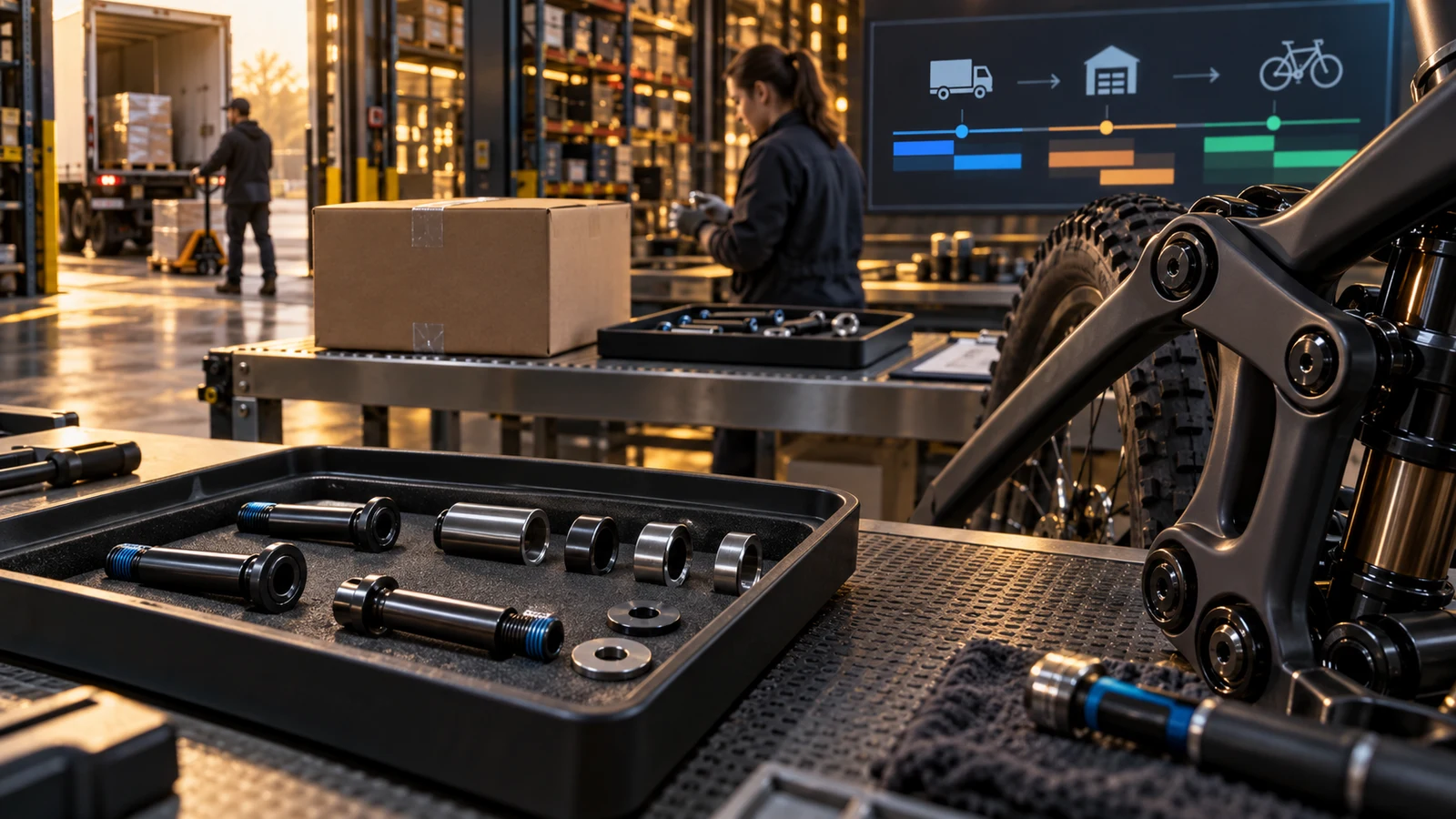 Concept assembly tray, neutral kit carton, separate receiving-check area and abstract schedule with upstream storage; not actual JIT operations, reserved stock or a guaranteed delivery window.