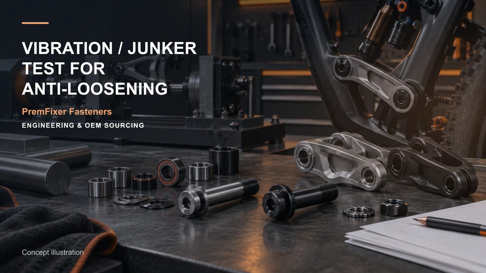 Editorial concept for Junker and transverse-vibration evaluation with cards for locking-test scope diagram, locking-method specification, clamp-and-adjustment distinction.