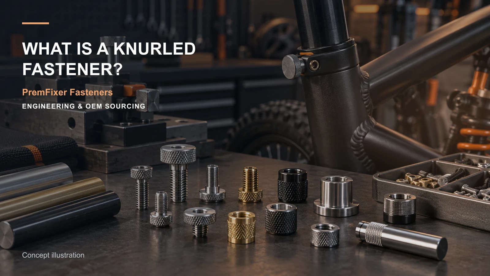Editorial concept for knurled fastener definition with cards for knurl specification map, insert installation selection, head-and-shoulder function map.