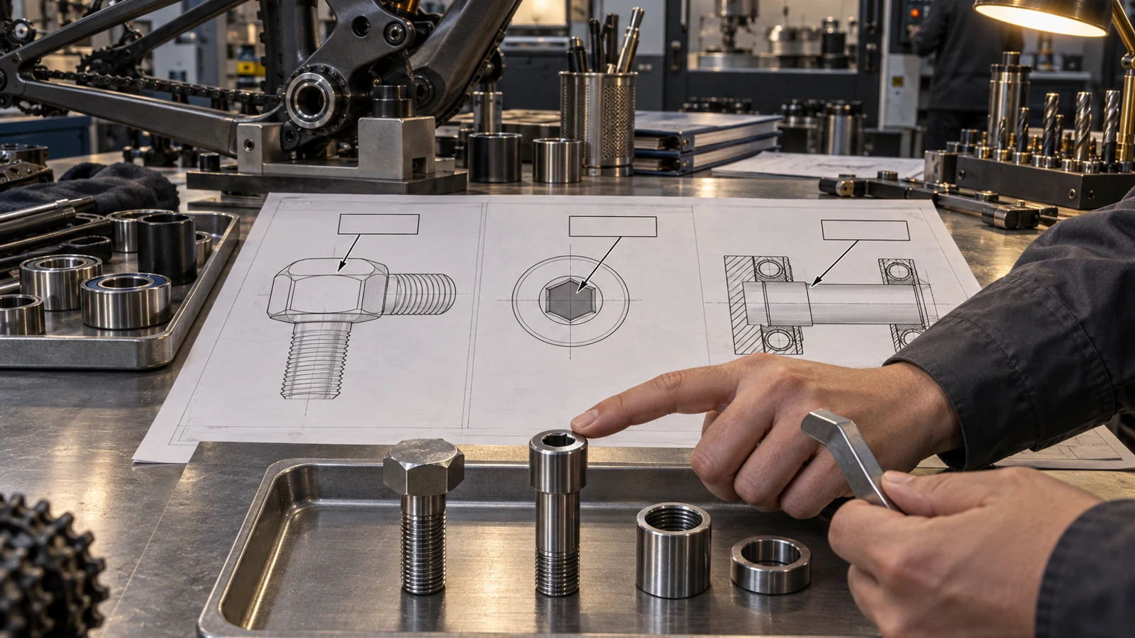 Concept comparison of an external hex bolt and socket-head pivot against neutral feature drawings and a bicycle linkage, not Korean certification, measured dimensions or an approved bilingual drawing.
