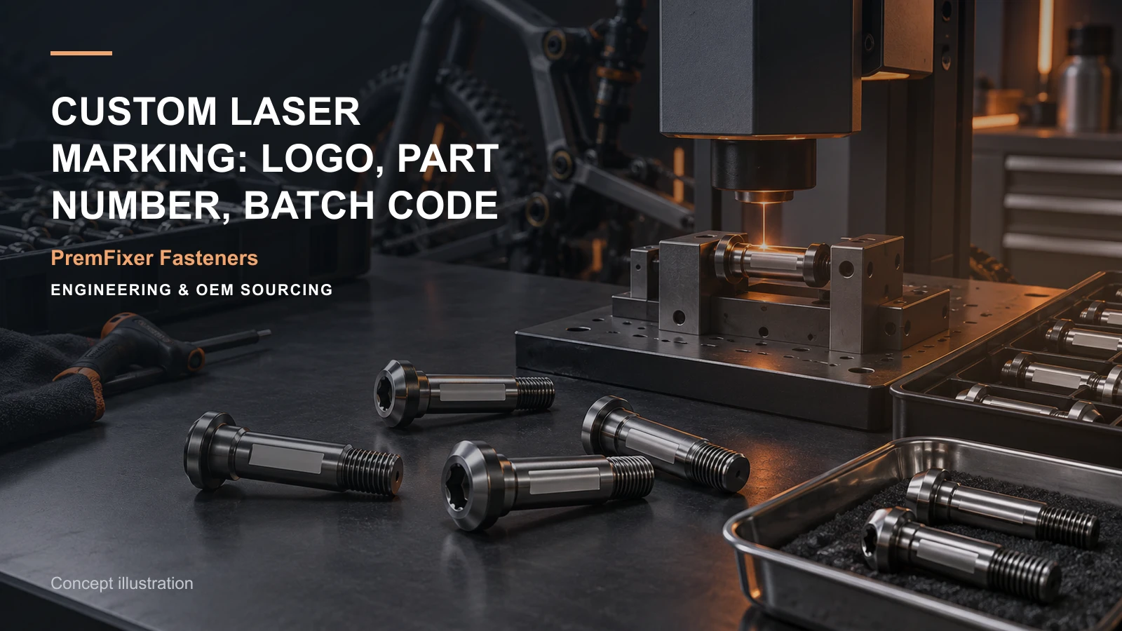 Editorial concept for laser identification on pivot fasteners with cards for marking layout and identity rules, feature-to-inspection map, finish selection table.