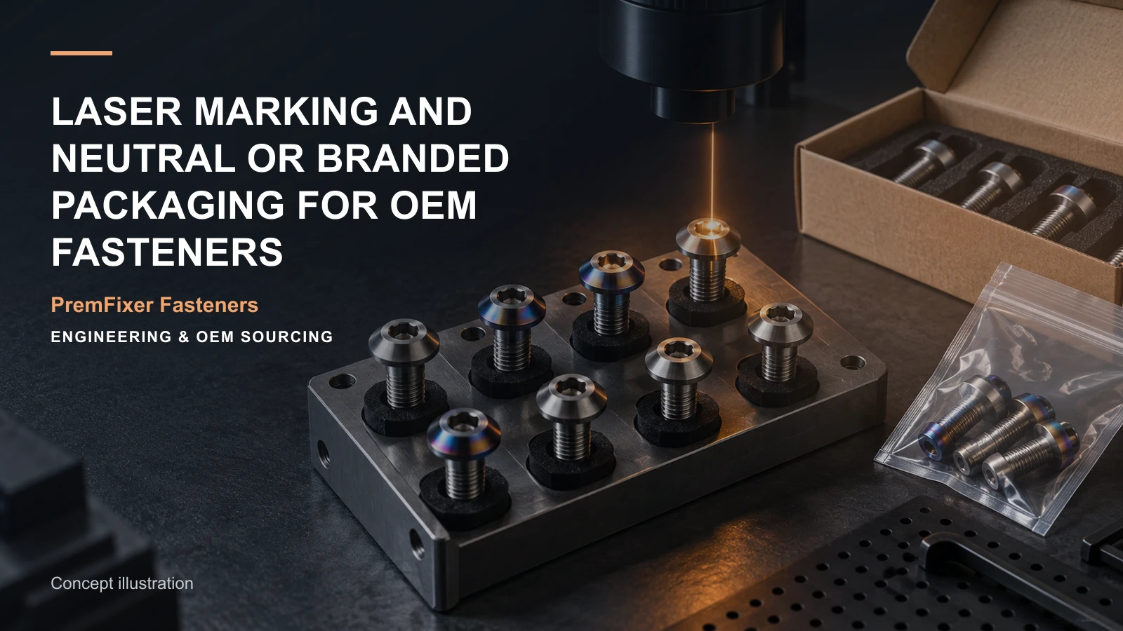 Conceptual engineering workspace introducing branded and marked fastener kits for bicycle and electric-mobility OEM teams.