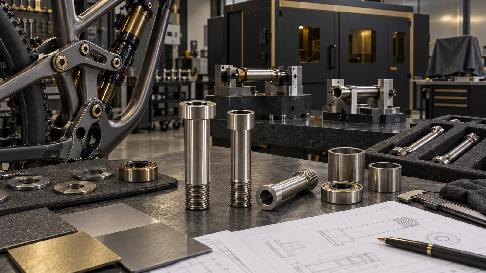 Concept illustration of titanium pivot bolts, thick and hollow comparison shapes, mating hardware and an enclosed development context; no laser operation, stress measurement or fatigue result is represented.
