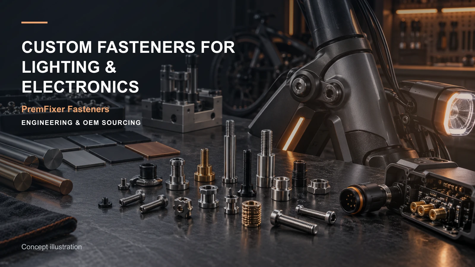 Editorial concept for lighting and electronics custom fasteners with cards for electrical-mechanical interface map, conductive-part design brief, insert installation selection.