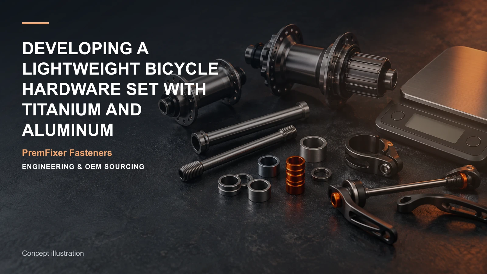 Concept illustration connecting titanium option, aluminum spacer and component weight map in a bicycle hardware project.